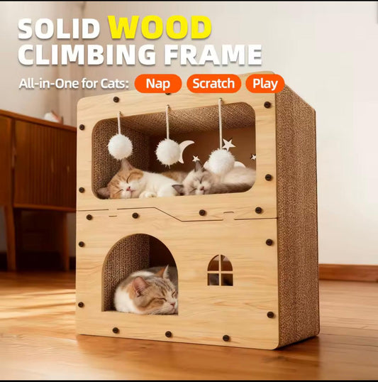 Spacious Multi-Level Cat House Condo with Scratching Boards & Play Balls – Indoor & Outdoor Cat Shelter