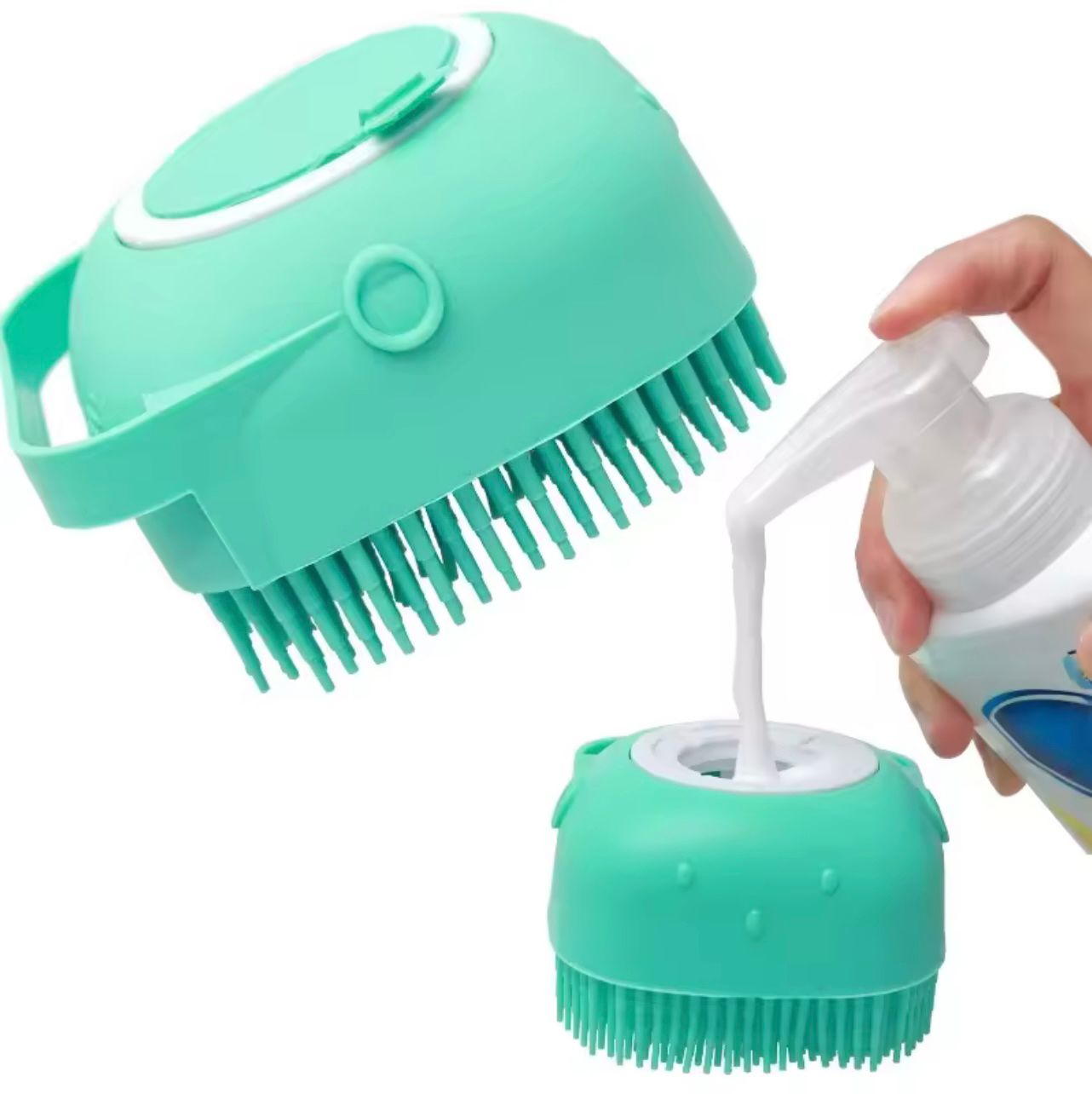 2-in-1 Pet Bathing Brush with Shampoo Dispenser – Soft Silicone Dog & Cat Grooming & Massage Tool