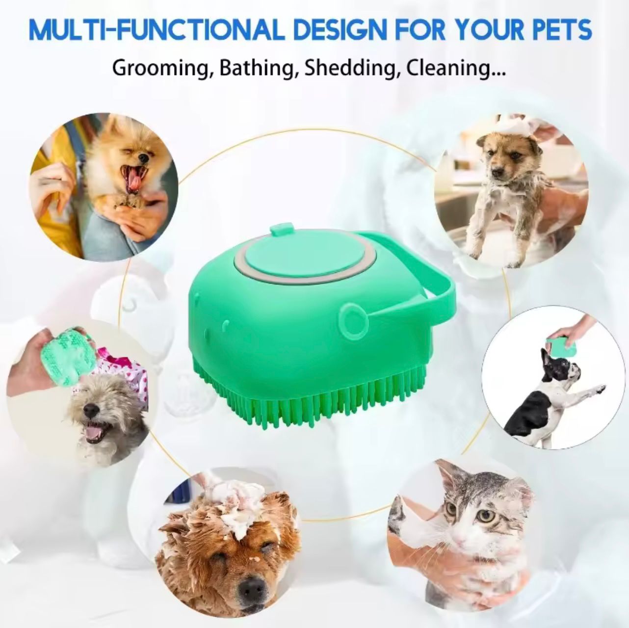 2-in-1 Pet Bathing Brush with Shampoo Dispenser – Soft Silicone Dog & Cat Grooming & Massage Tool